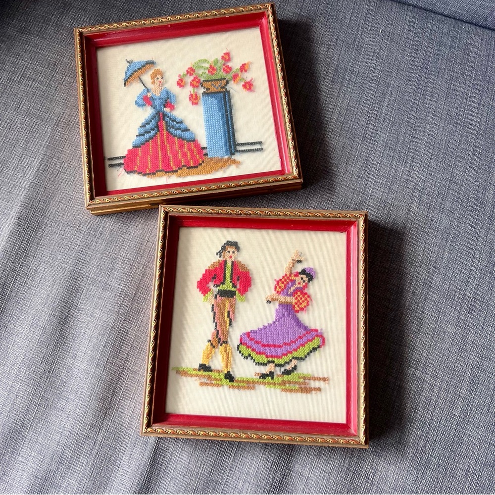 Vintage Needlepoint Set woman with parasol & matador and woman beautiful framed
